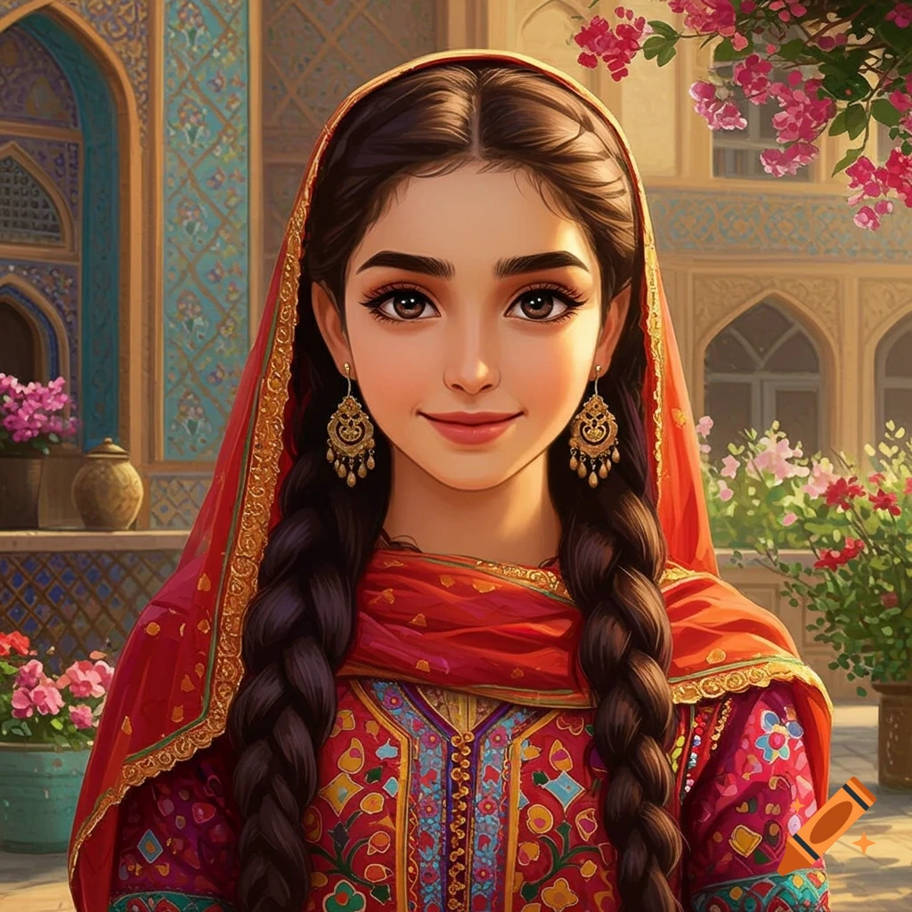 A young woman in traditional Iranian dress and headscarf smiling