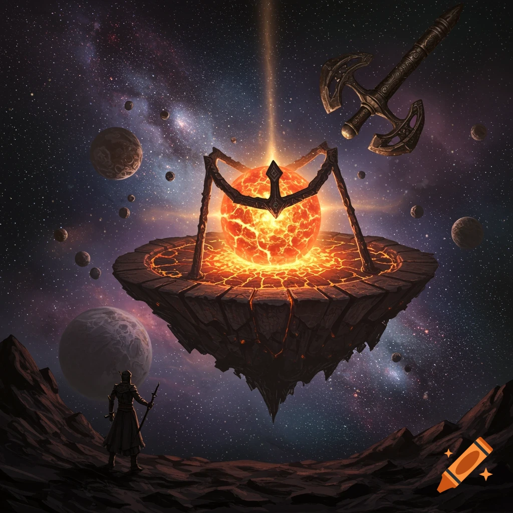 A figure stands on a rocky planet looking up at a floating island with a glowing core, weapon, and planets in a starry galaxy.