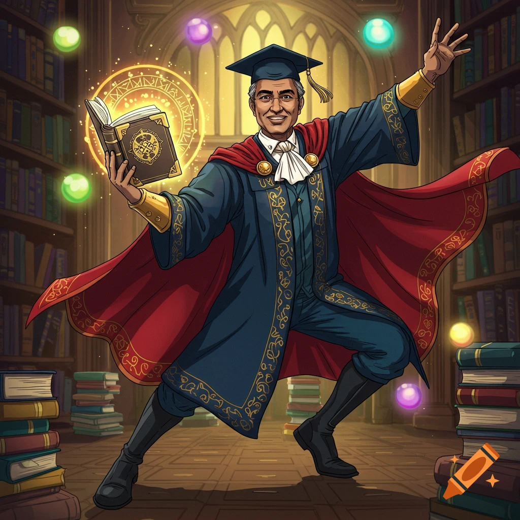 A man in academic robes holding a magical book in a library with glowing orbs.