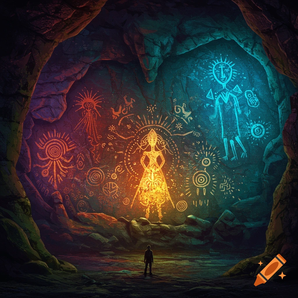 A figure stands in a dark cave looking up at glowing ancient petroglyphs on the wall.