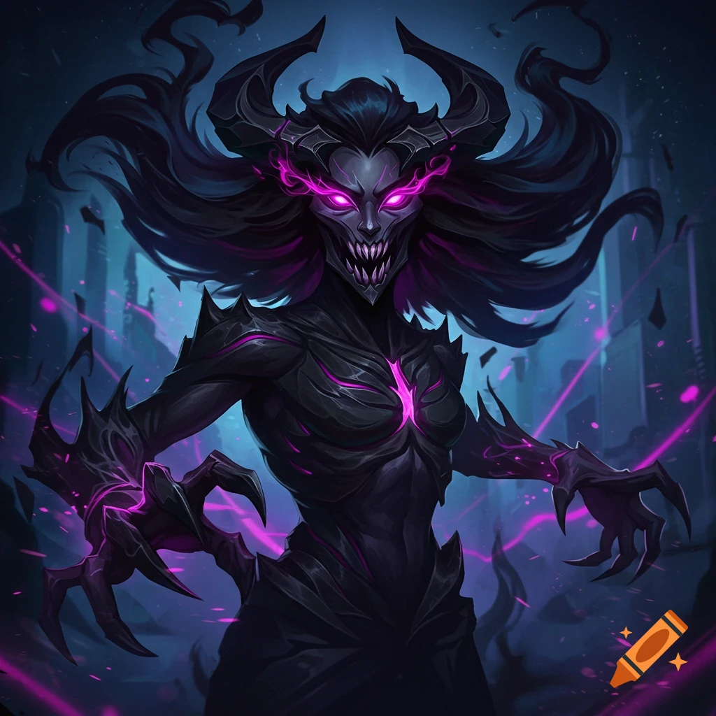 A dark, monstrous figure with glowing purple eyes and horns.