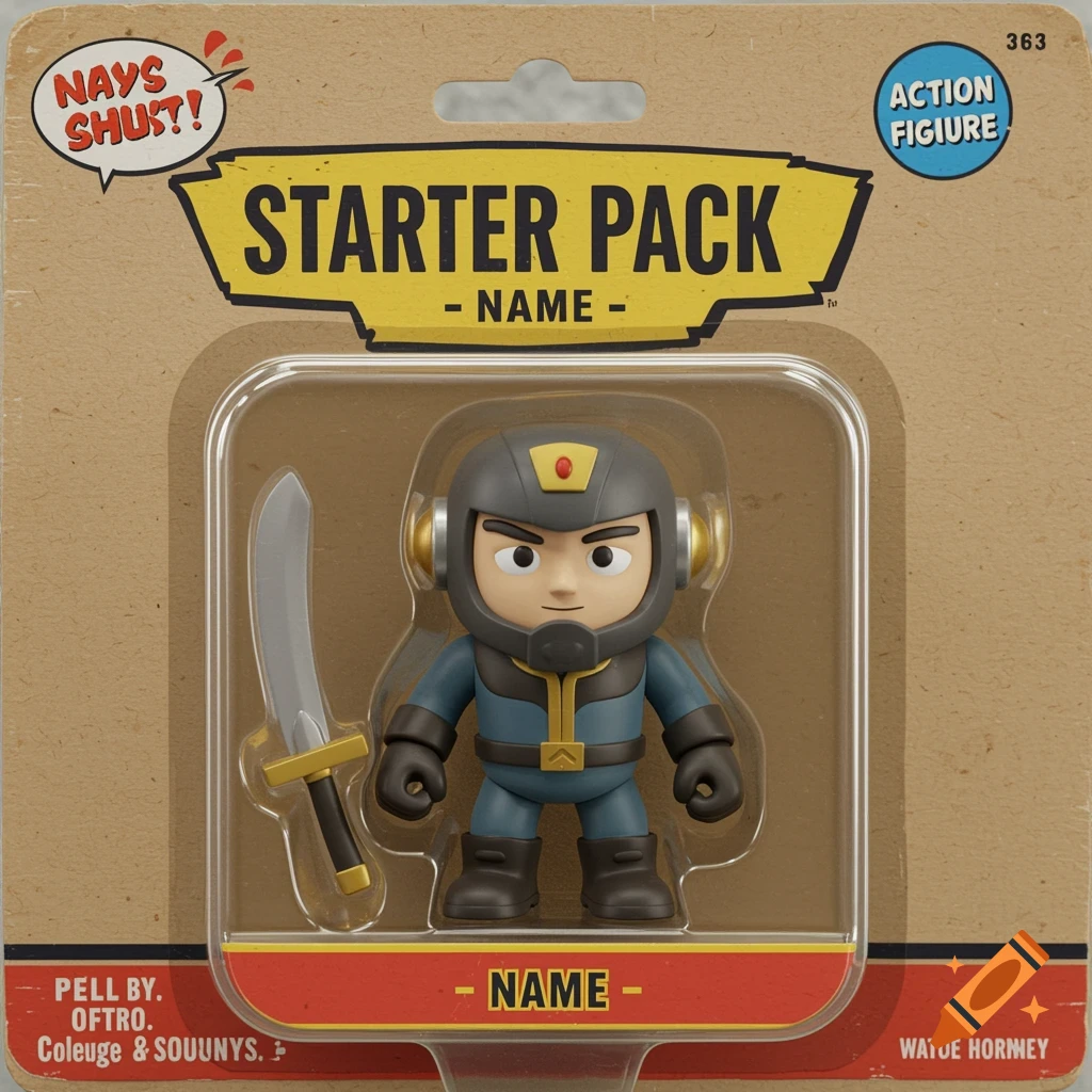 A cartoon action figure toy in blister pack packaging with sword accessory