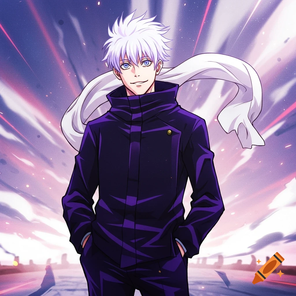 Anime illustration of a male character with white hair and blue eyes in a dark jacket and white scarf.