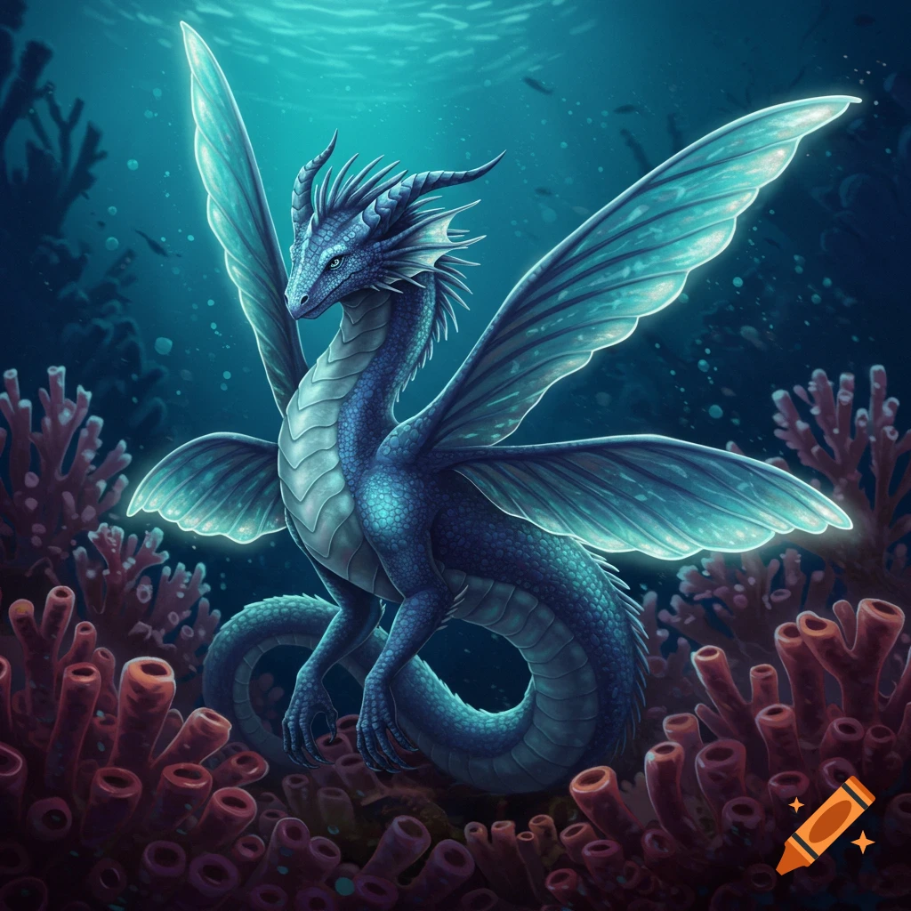 A blue fantasy dragon with translucent wings glows underwater among red coral.