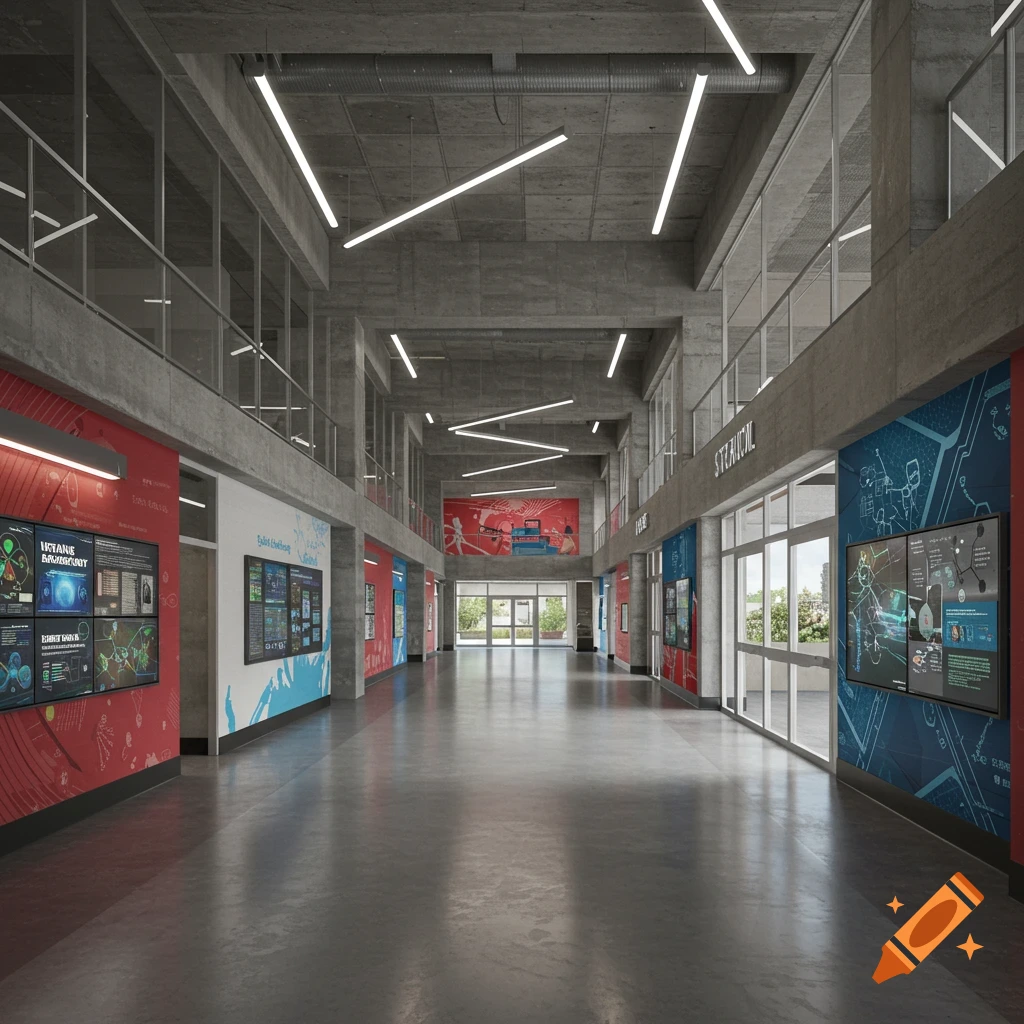 Long, modern school hallway with concrete walls, display screens, and large windows