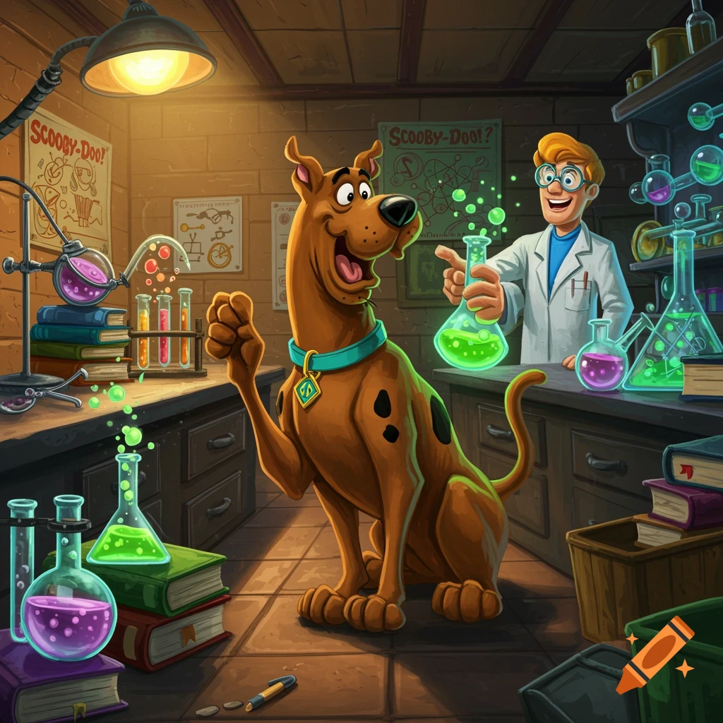 Scooby-Doo and a scientist in a colorful science laboratory.