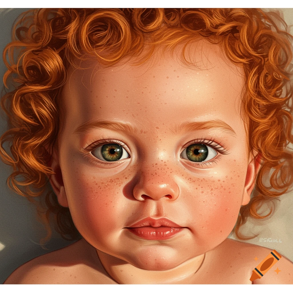 A close-up of a red-haired baby with curly hair, green eyes, and freckles.
