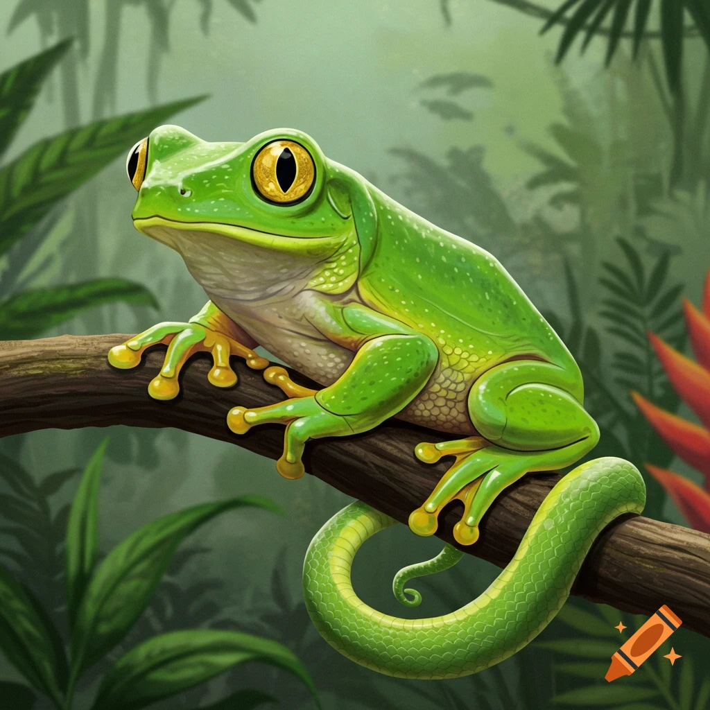 A green frog with a snake tail sits on a branch in a jungle.