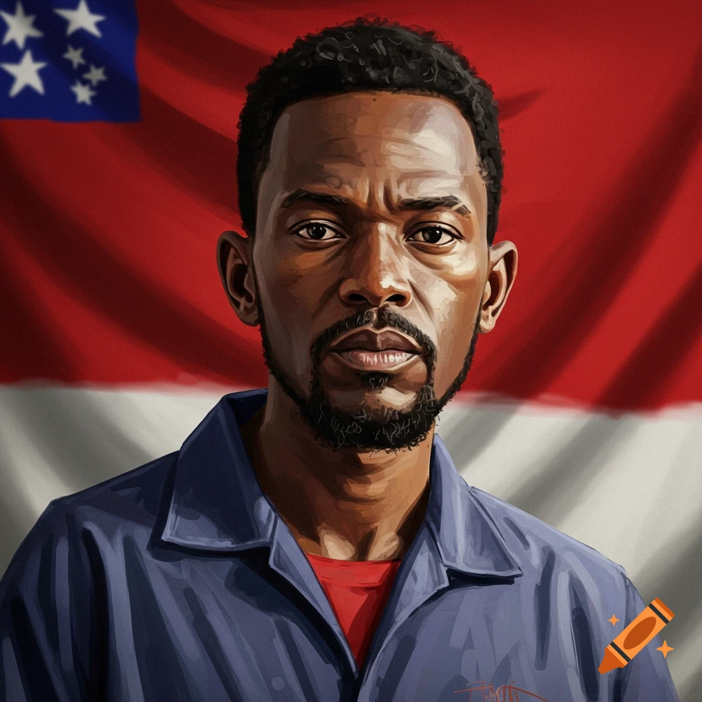 A man in a blue shirt and red undershirt stands in front of a red and white flag with blue and white stars.