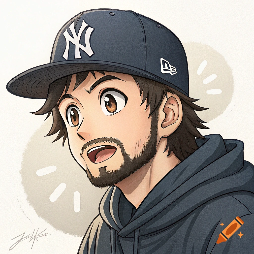 Anime portrait of a man with a beard wearing a New York Yankees baseball cap and a hoodie.