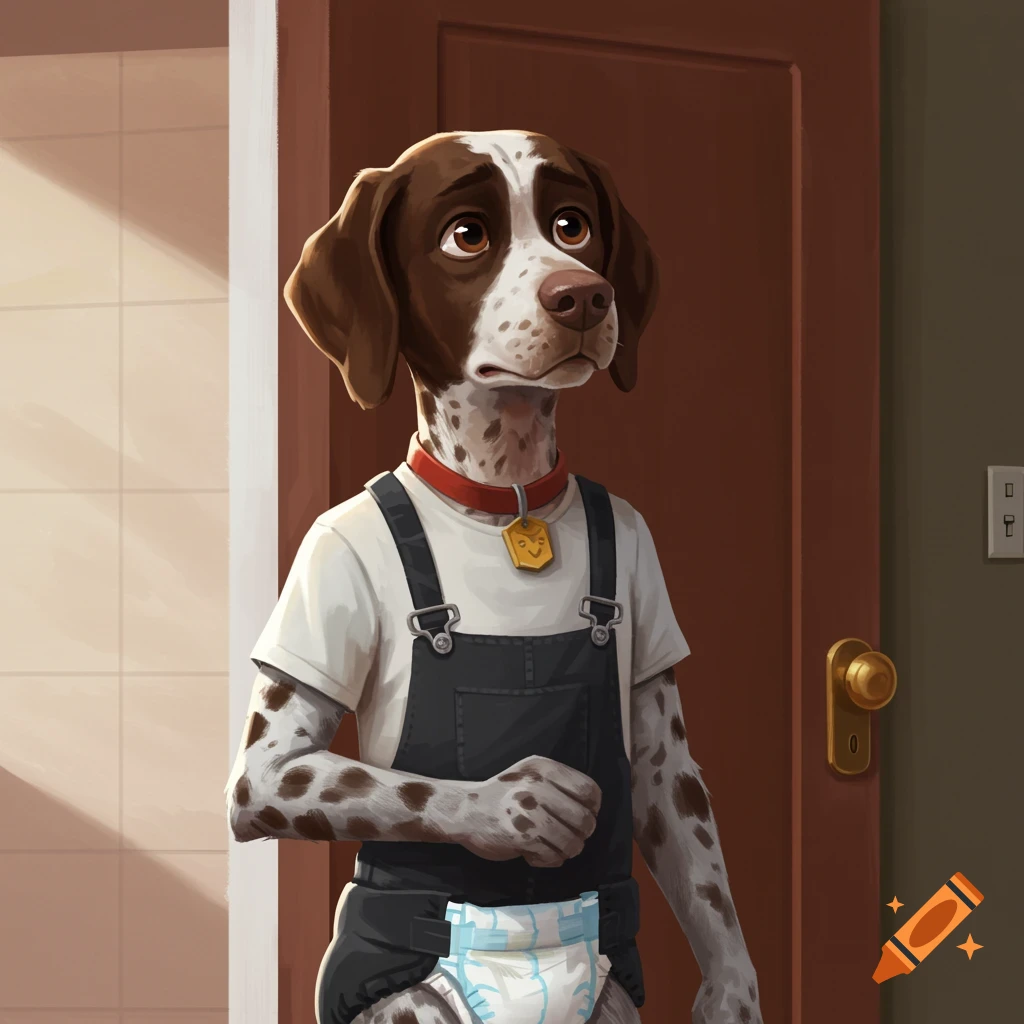 An illustration of a pointer dog character in overalls and diaper looking worried outside a bathroom door.