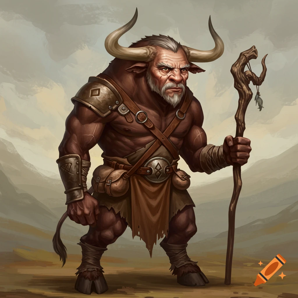 An old bull demi-human holds a staff in a barren landscape.