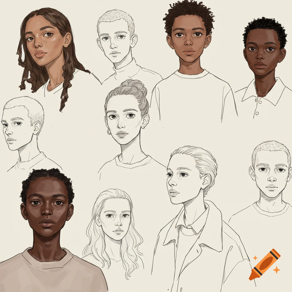 Multiple illustrated portraits of diverse people in a sketch style.