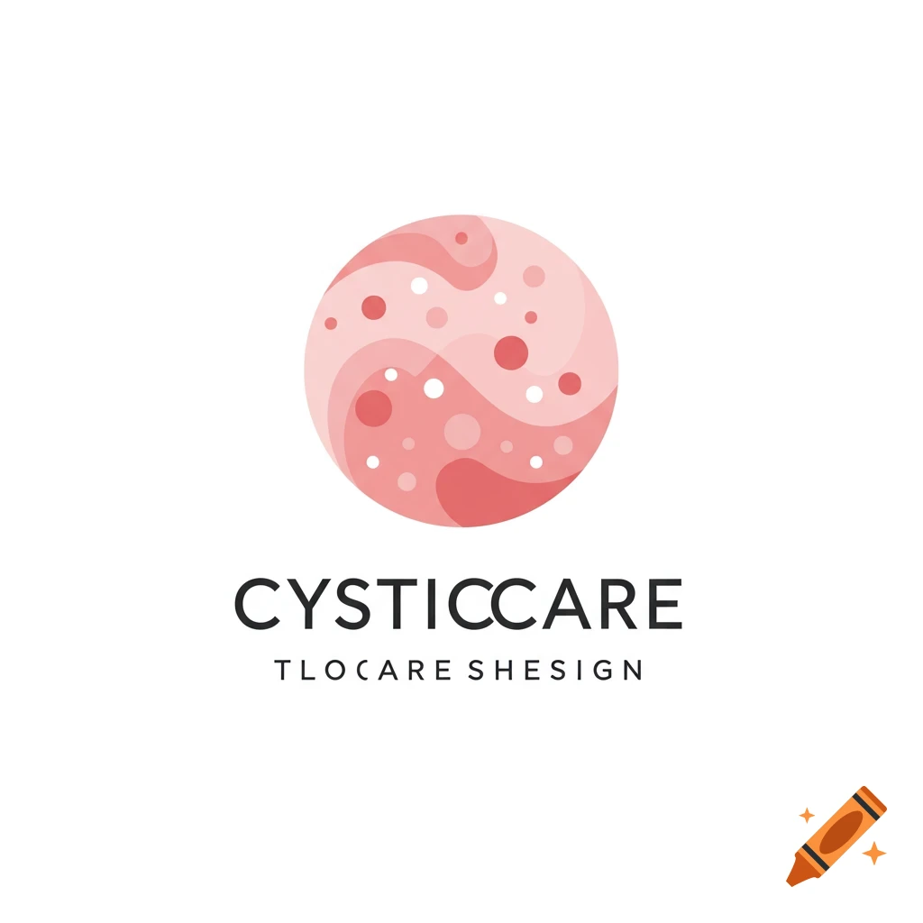 Logo with a circular pink/red shape with swirls and dots above text reading CYSTICCARE TLOCARE SHESIGN.