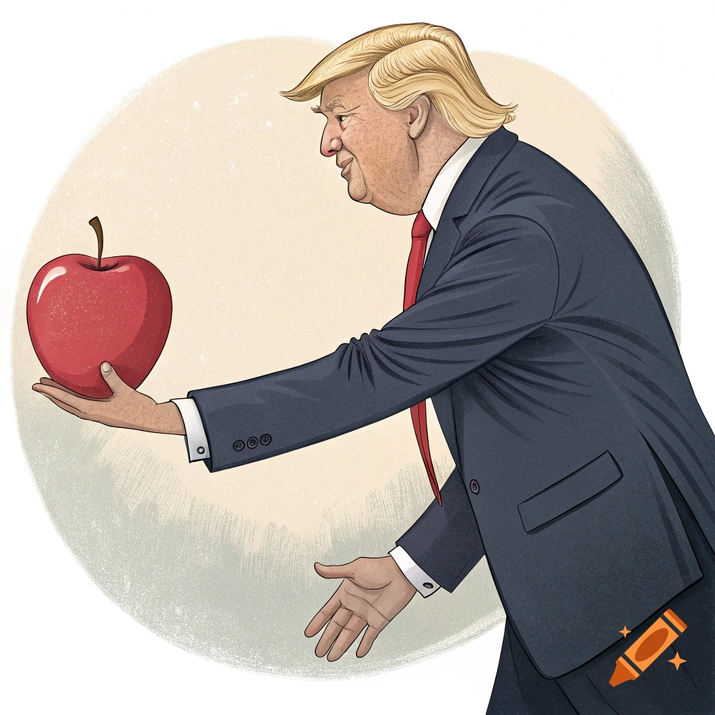 Illustration of Donald Trump offering a red apple