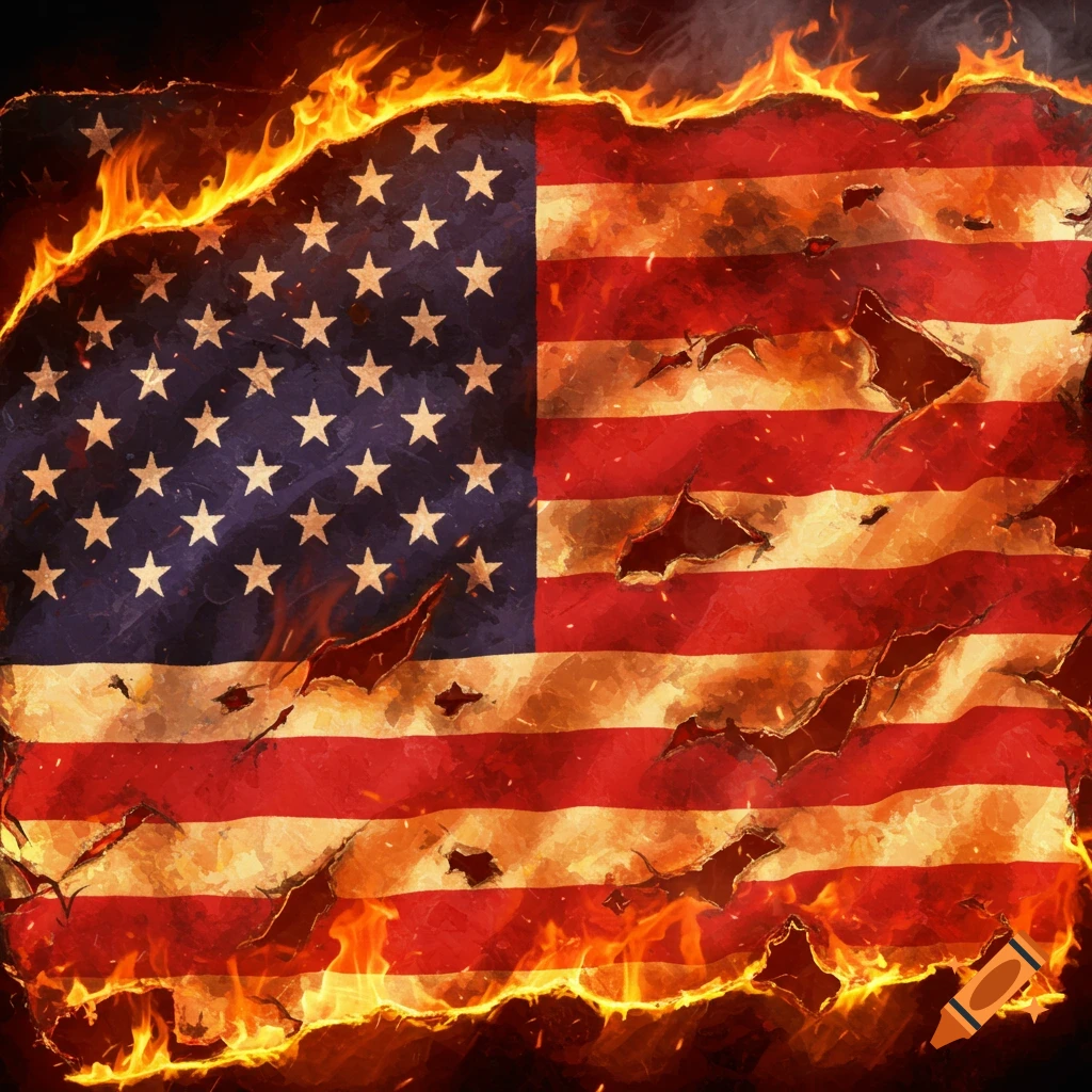 An American flag burnt and surrounded by flames