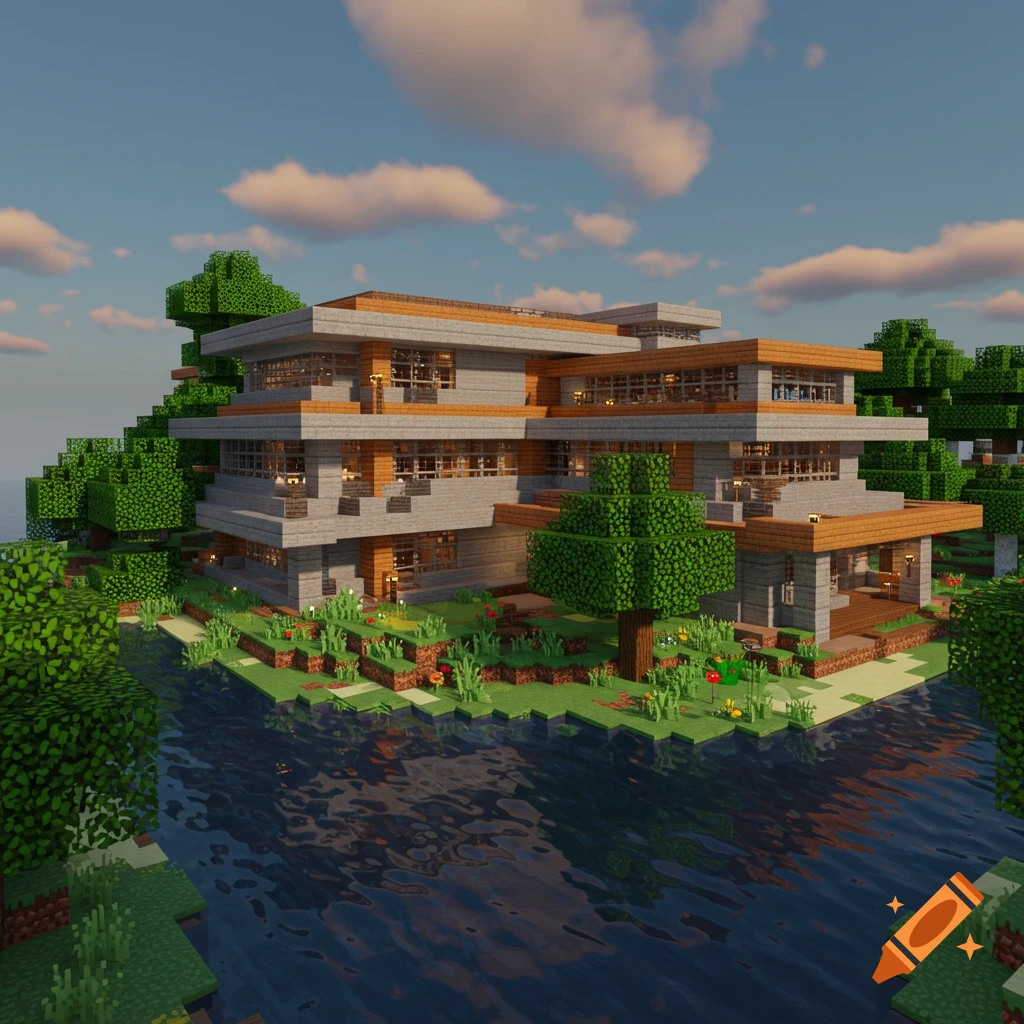 Minecraft prairie style house by a creek with trees.