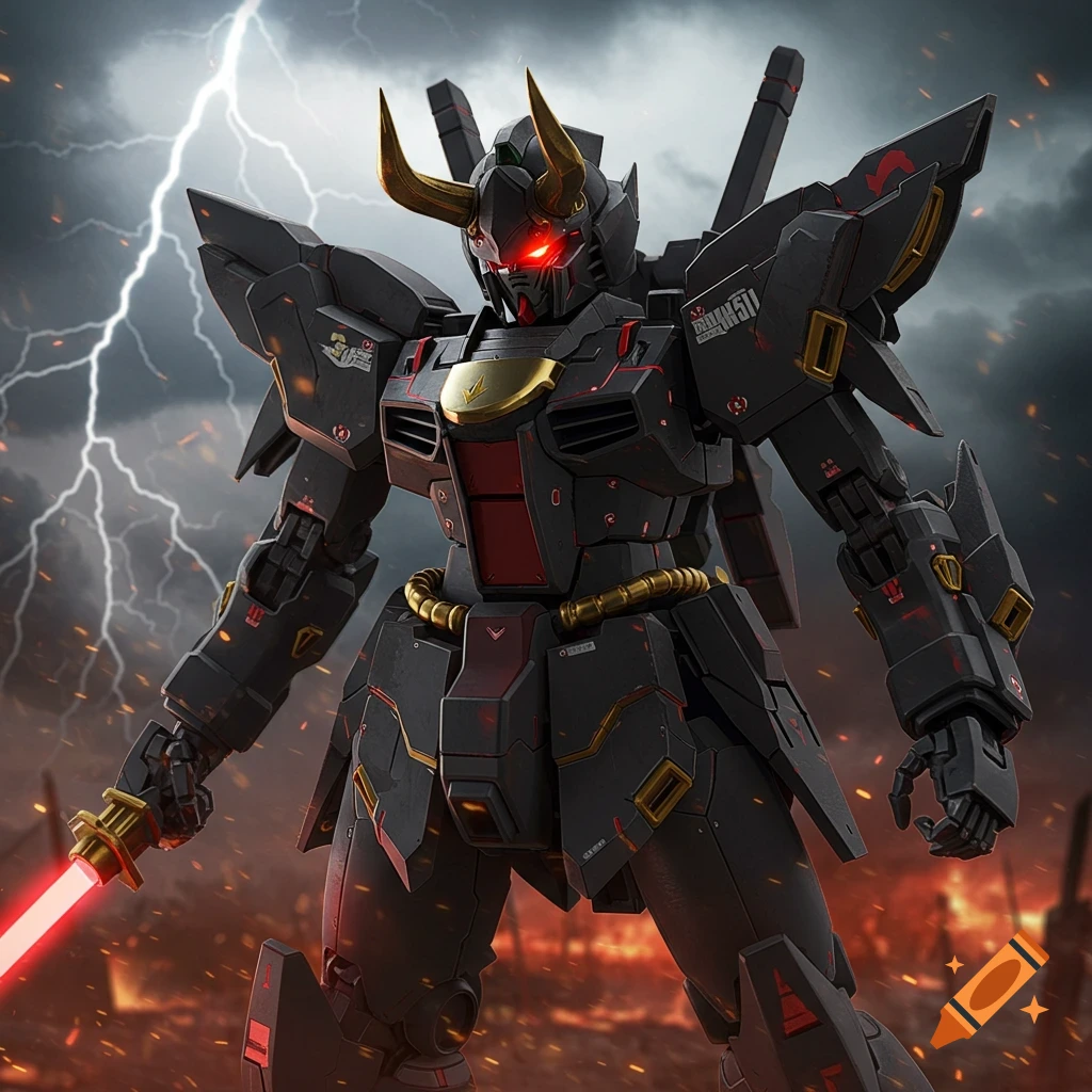 Black mecha with gold horns and red eyes holds a red sword in a stormy, fiery landscape.