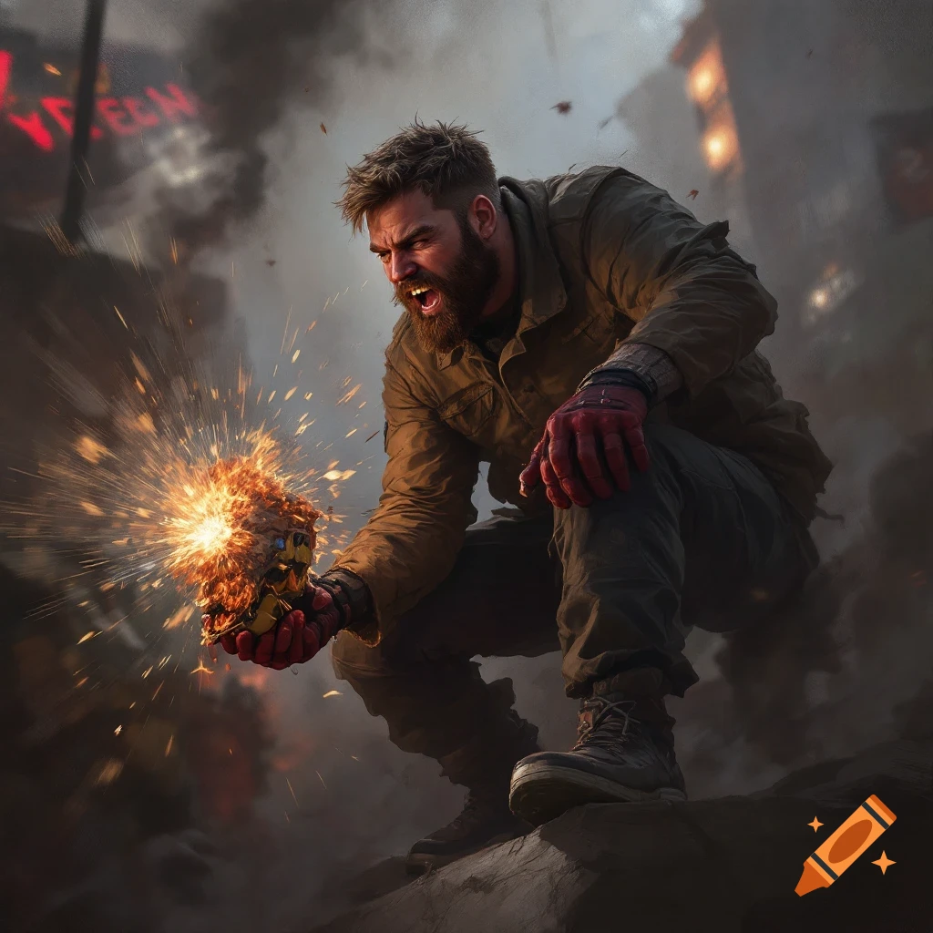 A man with a beard is holding a sparking explosive in his hand while crouching.