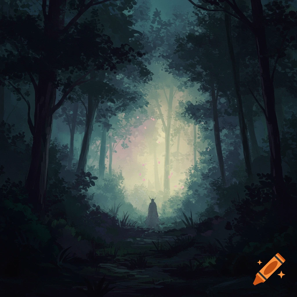 A mysterious figure in a dark, misty forest with light shining through the trees.