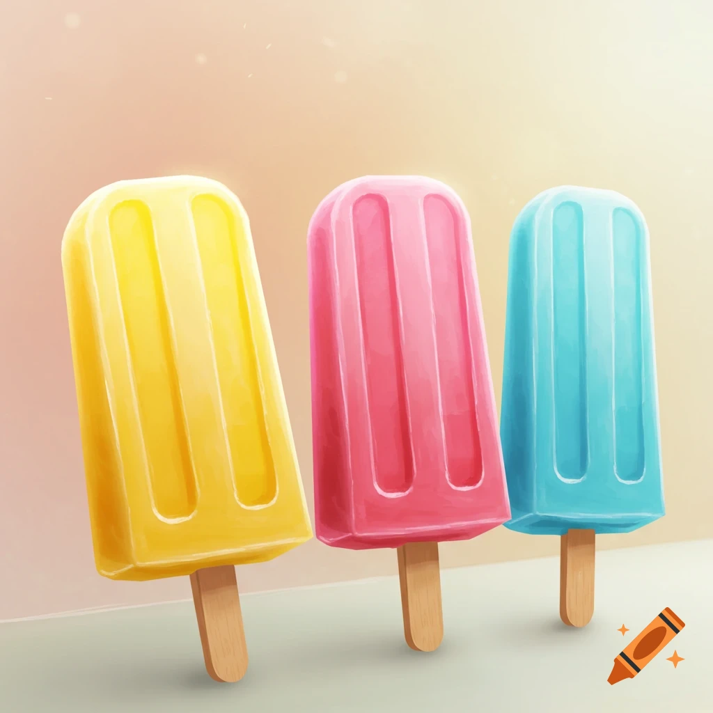 Three popsicles in yellow, pink, and blue.