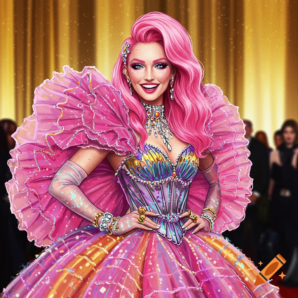 A woman with pink hair wears an extravagant, multi-colored dress on a red carpet.