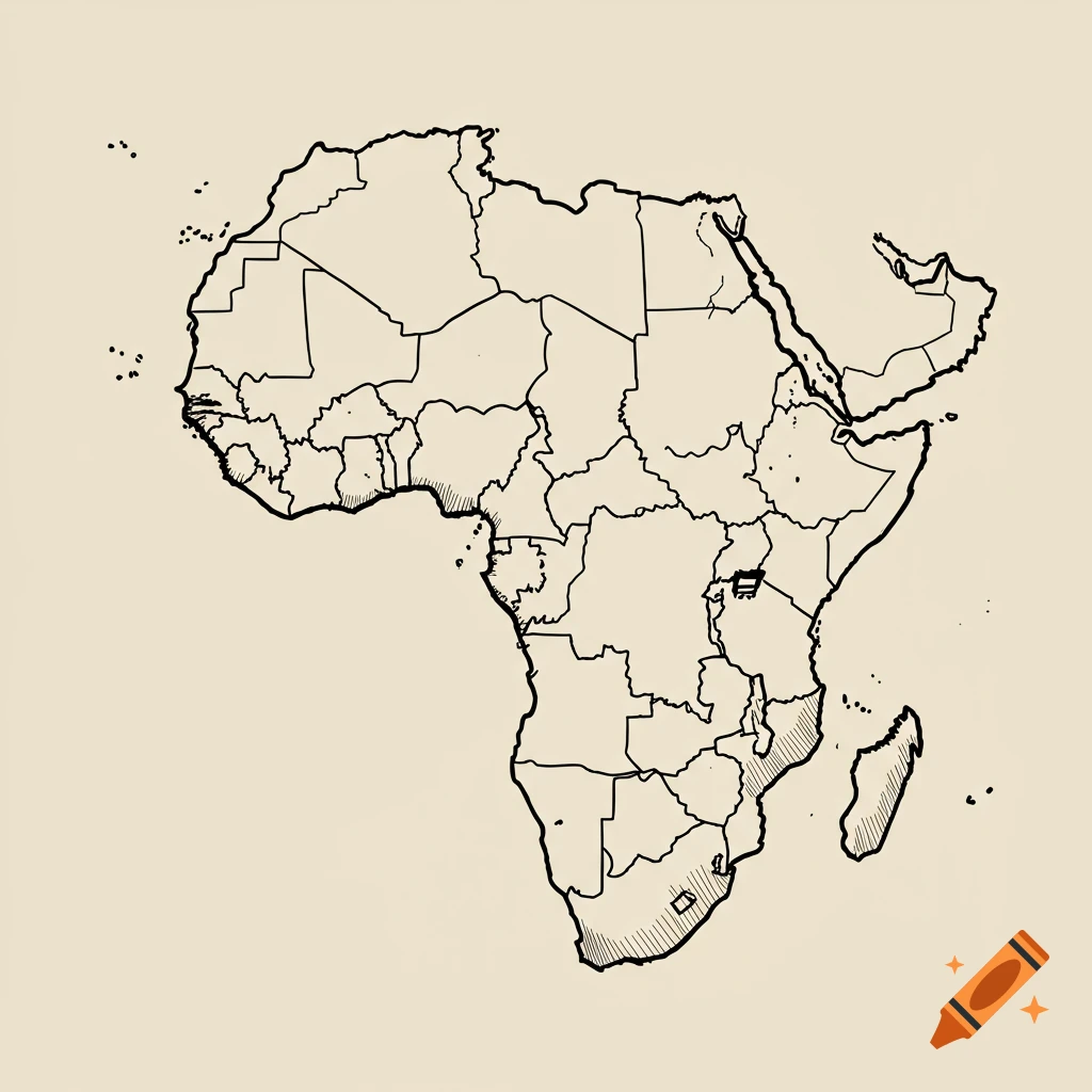 A black and white sketch outline map of the continent of Africa with internal country borders.