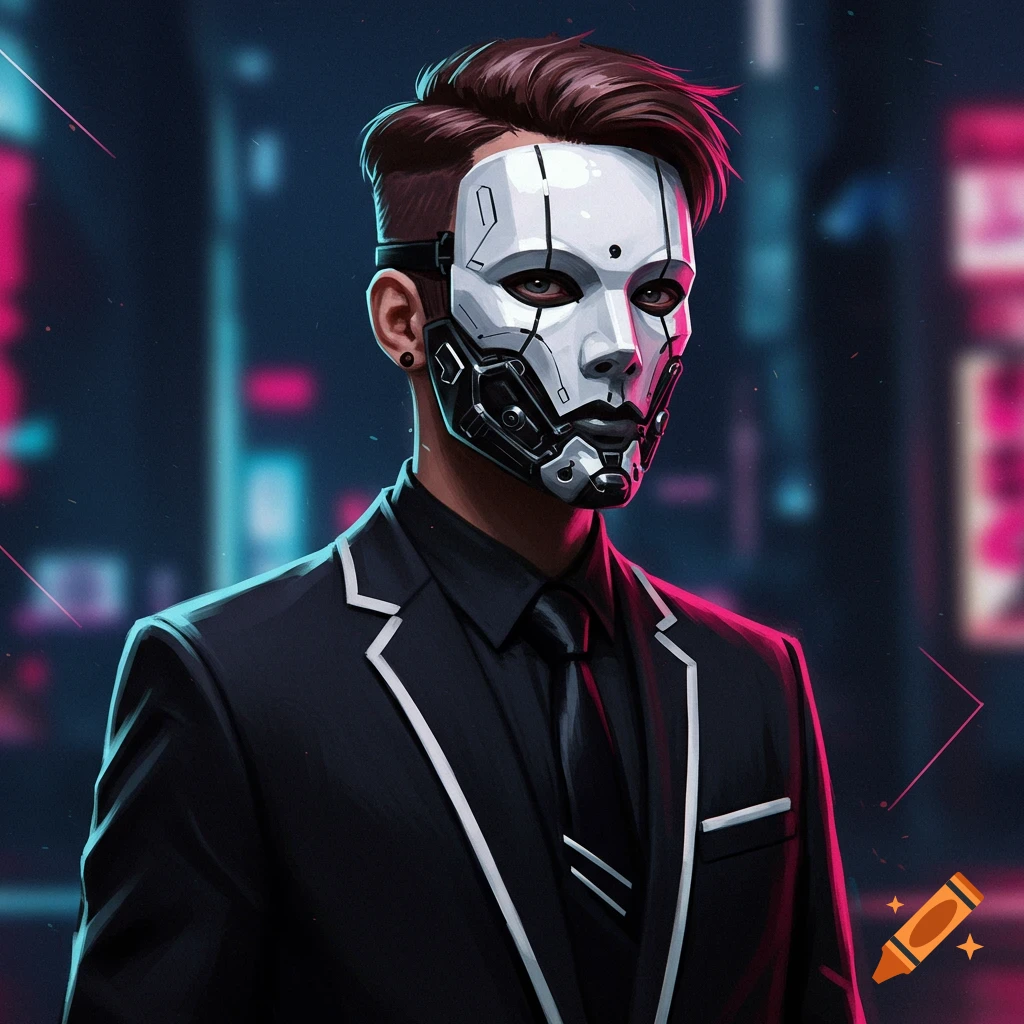 A person in a black suit and futuristic white mask in a neon city.