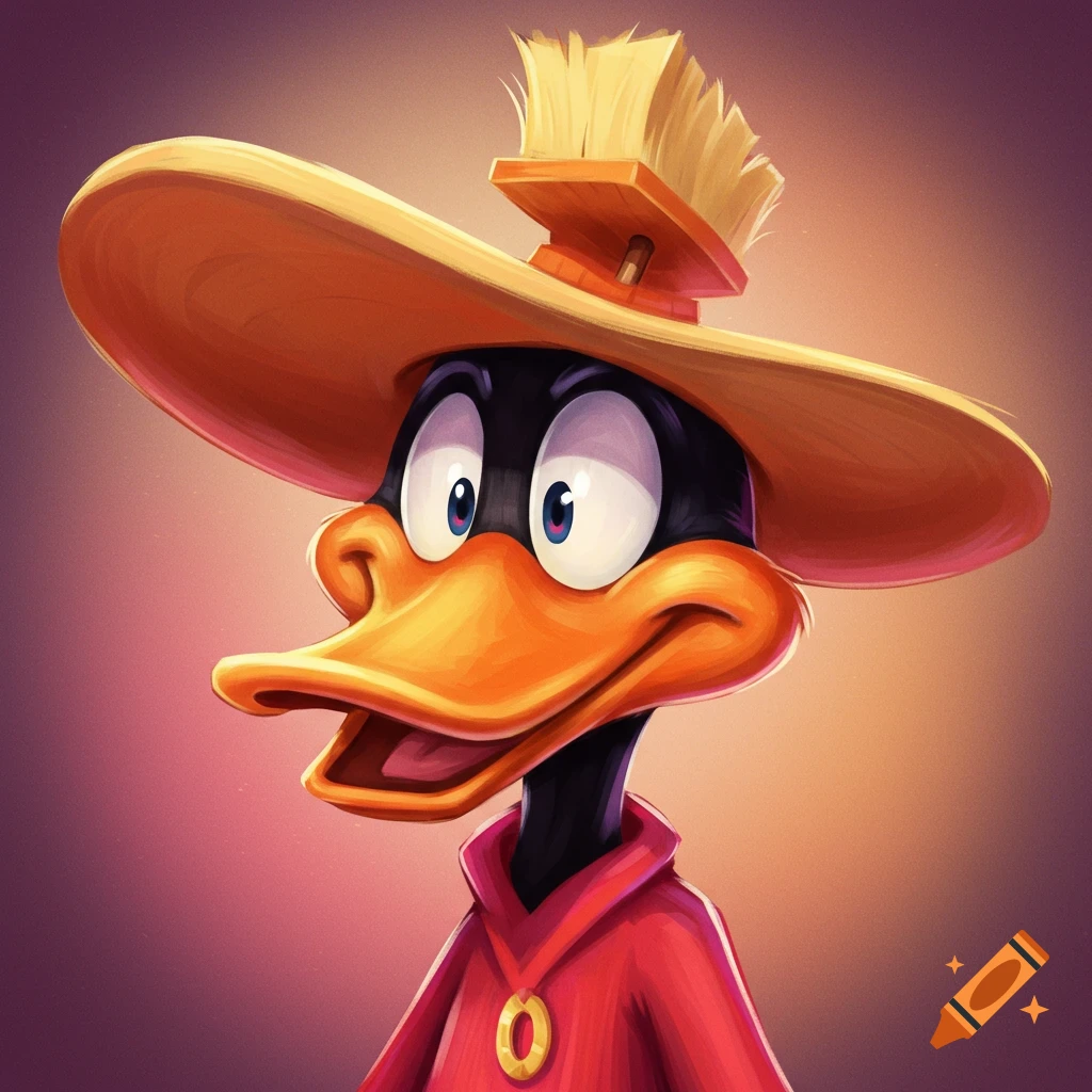 A cartoon duck in a straw hat is holding a brush and wearing a red jacket.