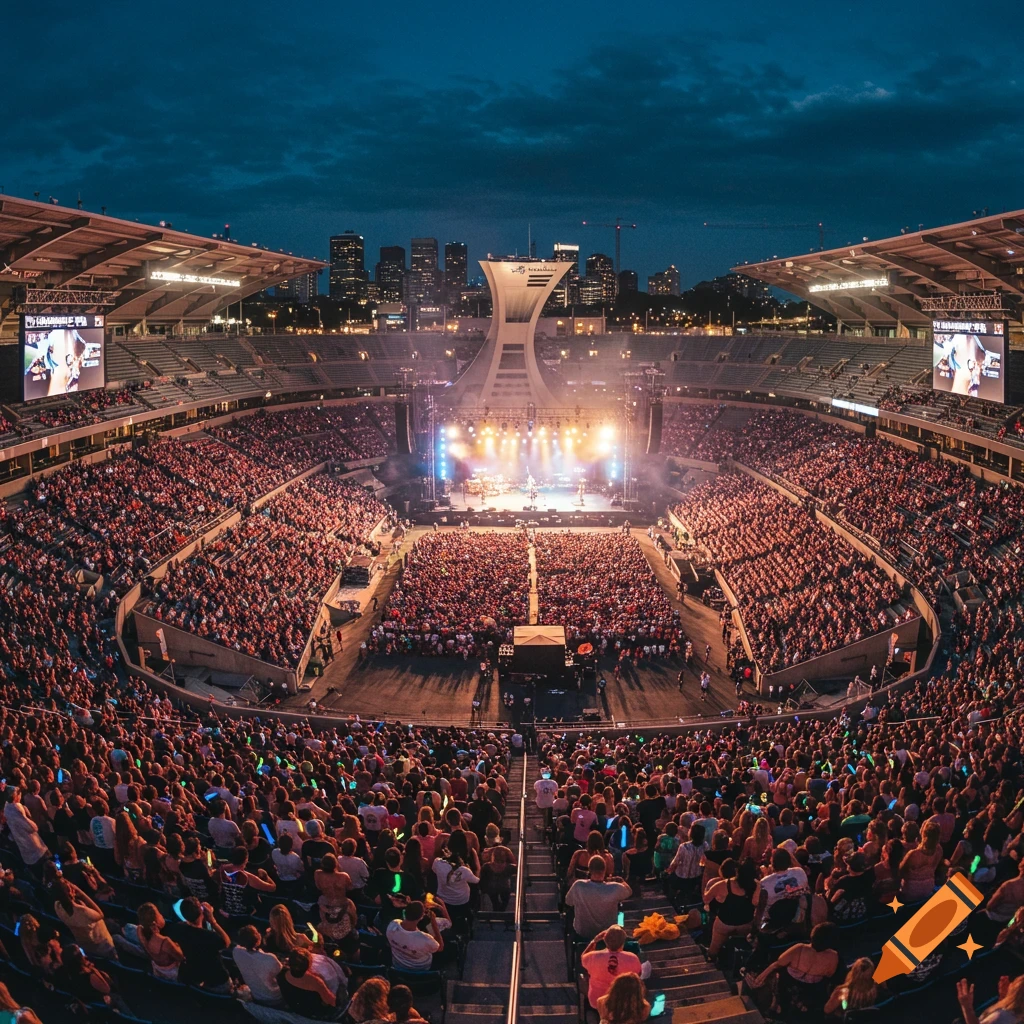 A large crowd fills a stadium for a concert at night, with the stage lit up and city skyline in the background.