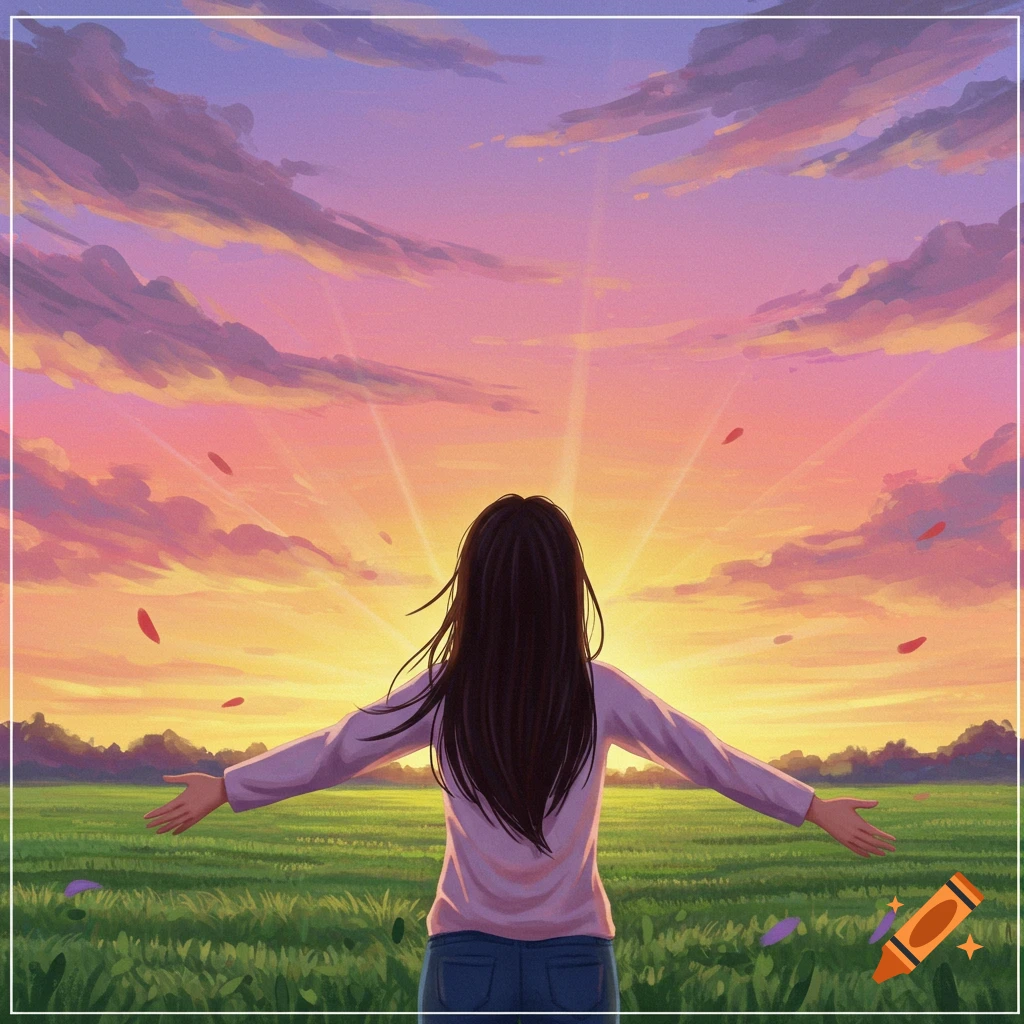 A person with arms outstretched stands in a field, watching a vibrant sunset.