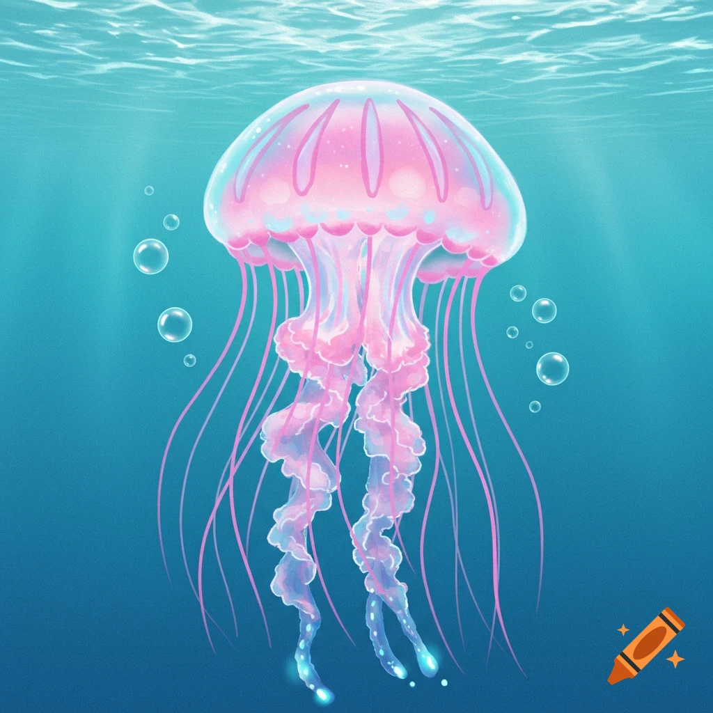 A pink jellyfish floats underwater with bubbles.