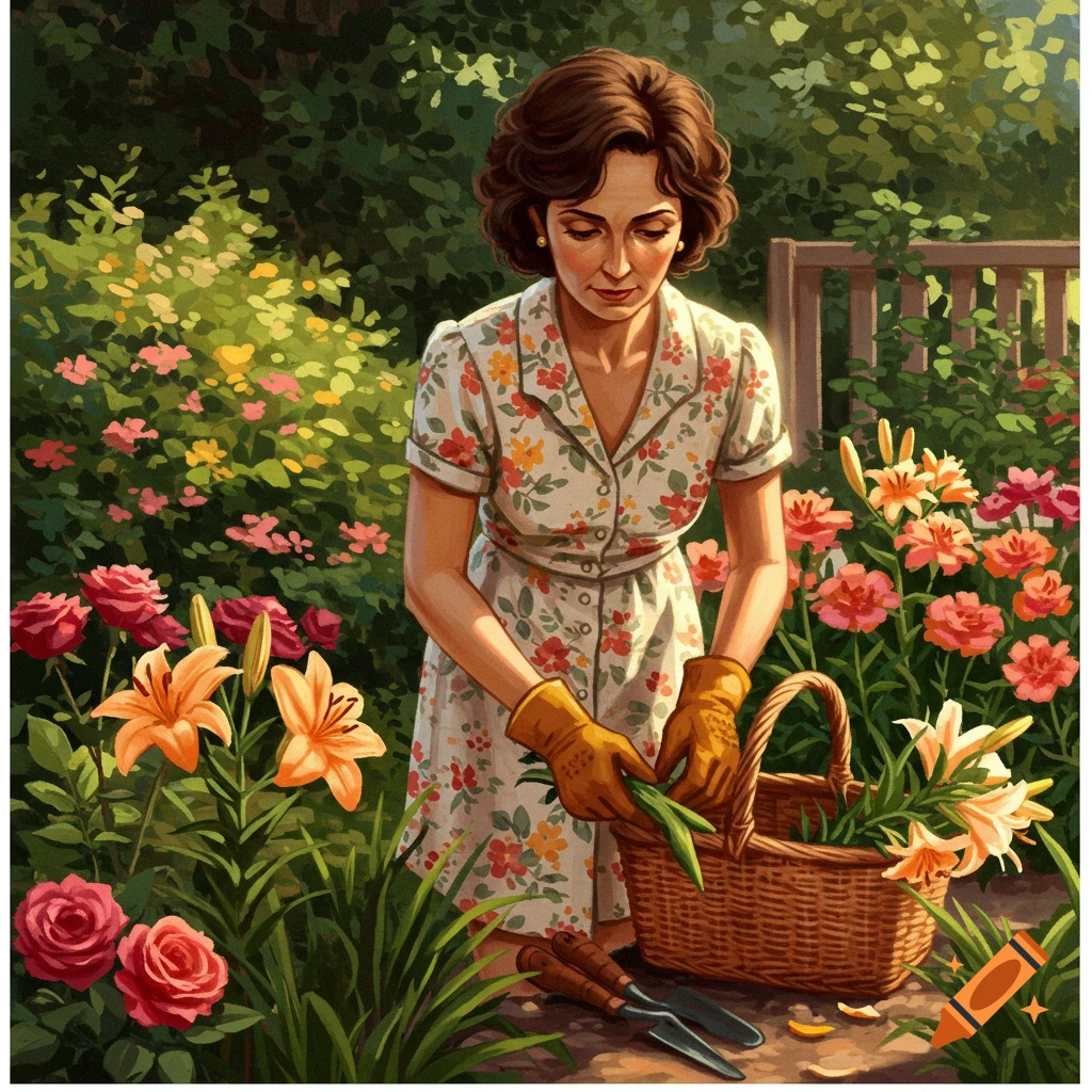 A woman in a floral dress gardening among flowers.