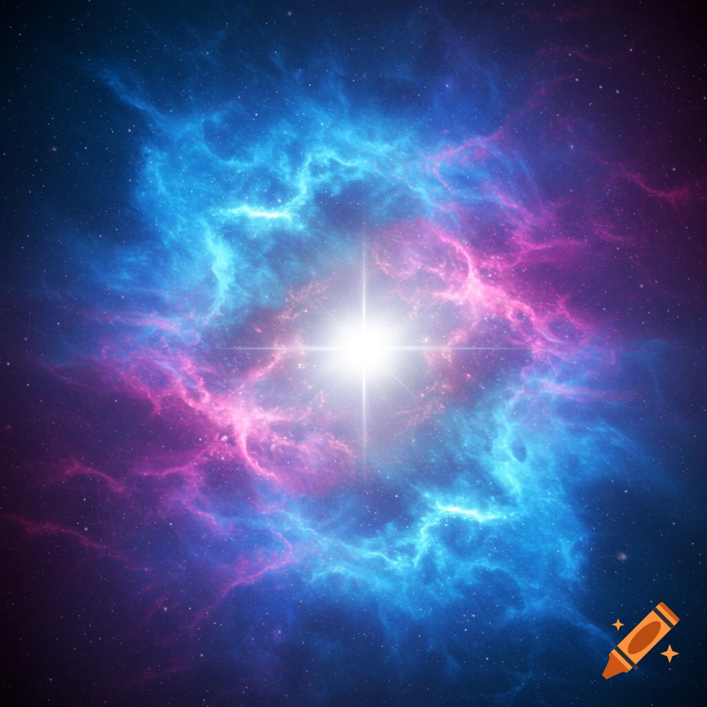 A bright star surrounded by swirling blue and pink nebula clouds and stars.