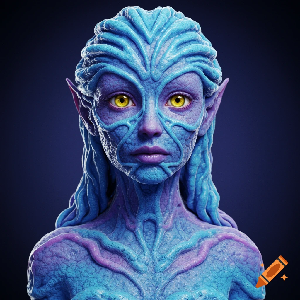 Close-up portrait of a blue and purple fantasy woman with textured skin, yellow eyes, and pointed ears.