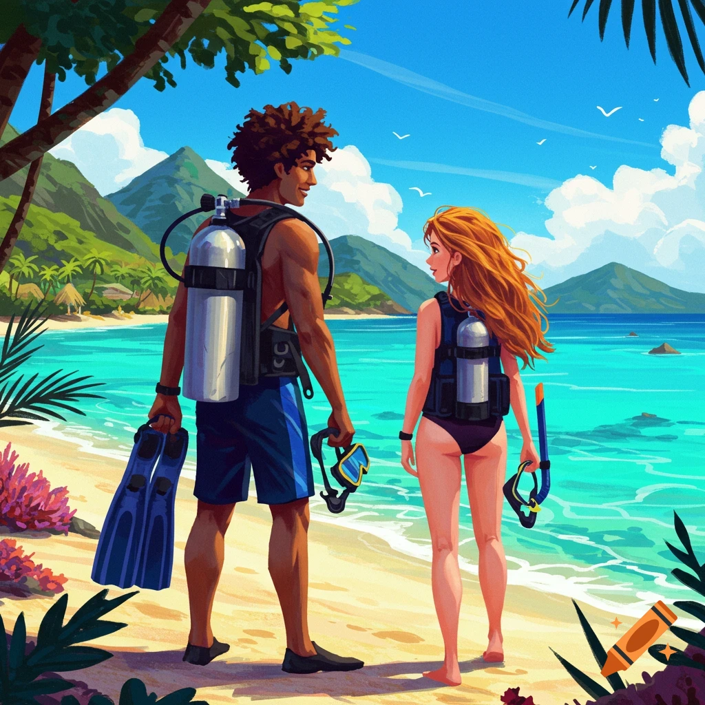 A couple in scuba gear is on a tropical beach.