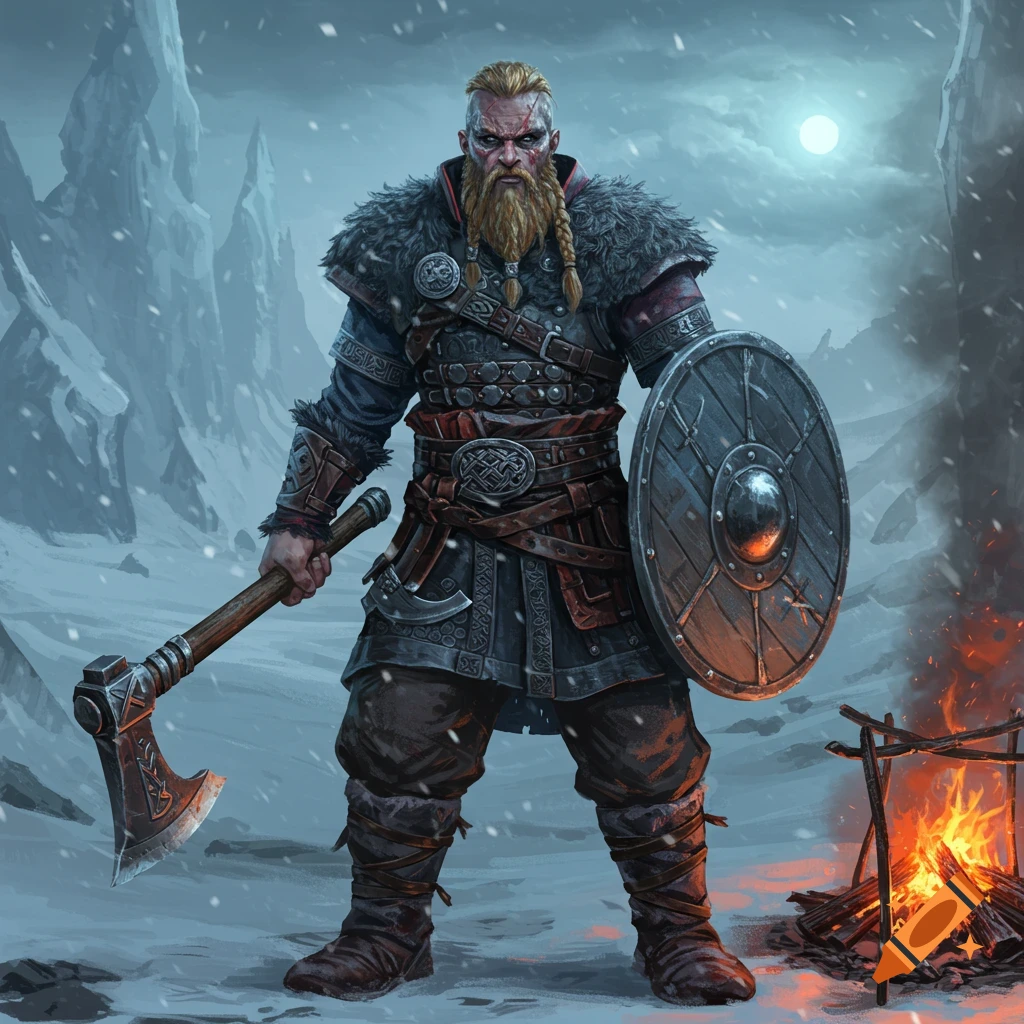 A Viking warrior with an axe and shield in a snowy landscape.