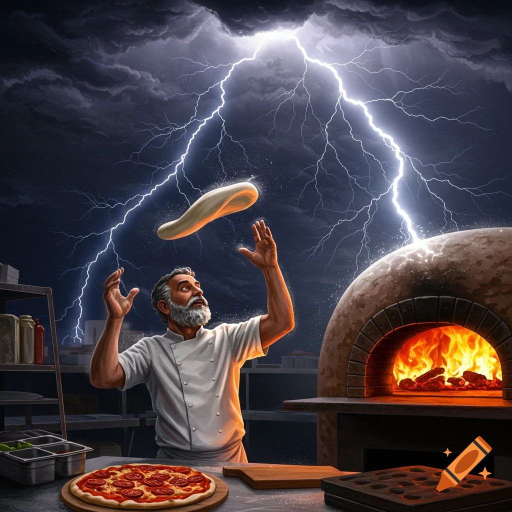 A chef tosses pizza dough into the air during a lightning storm next to a pizza oven.