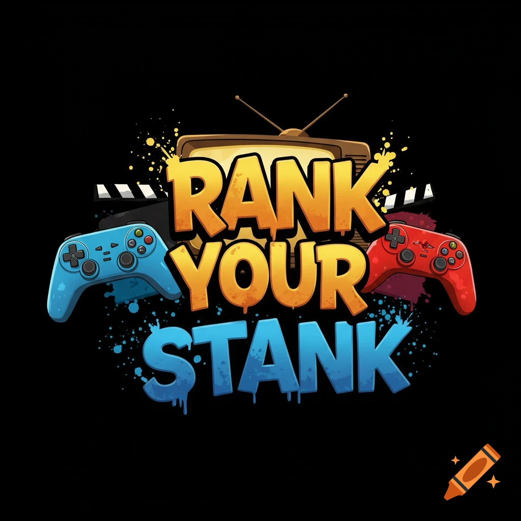 Logo design with text "Rank Your Stank", game controllers, and a vintage TV on a black background.