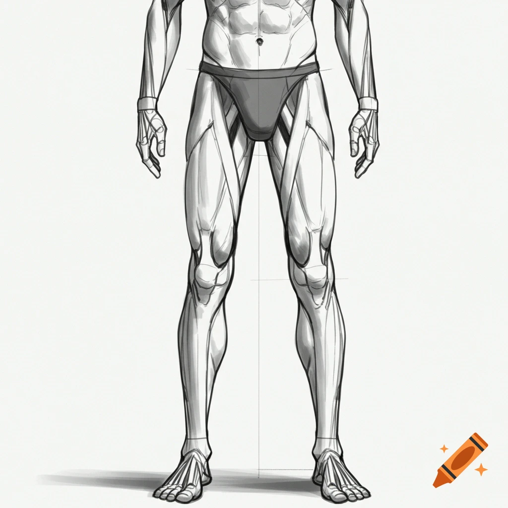 Black and white sketch of male anatomy showing legs and abdomen, wearing underwear.