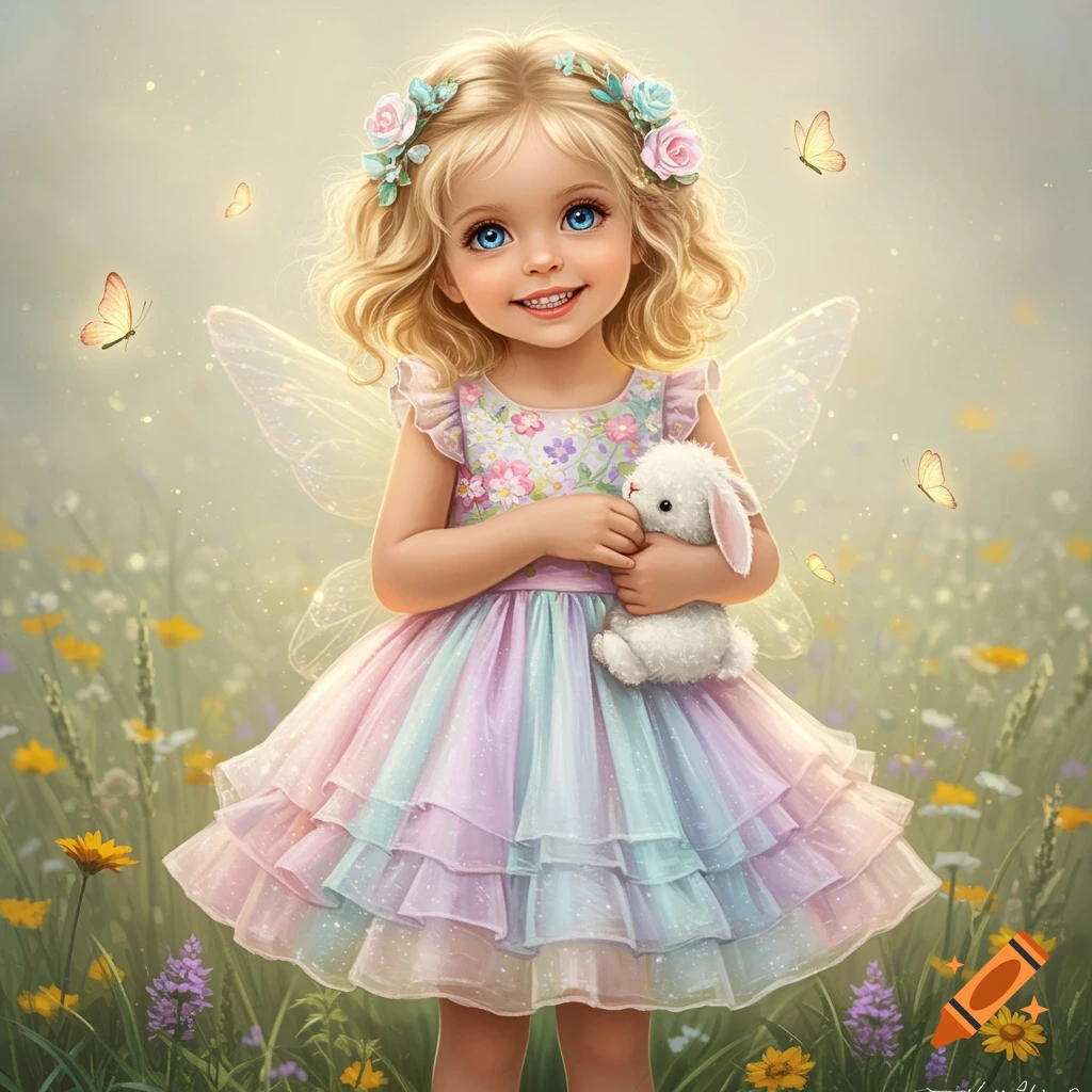 A young girl dressed as a fairy holding a bunny in a meadow with butterflies.