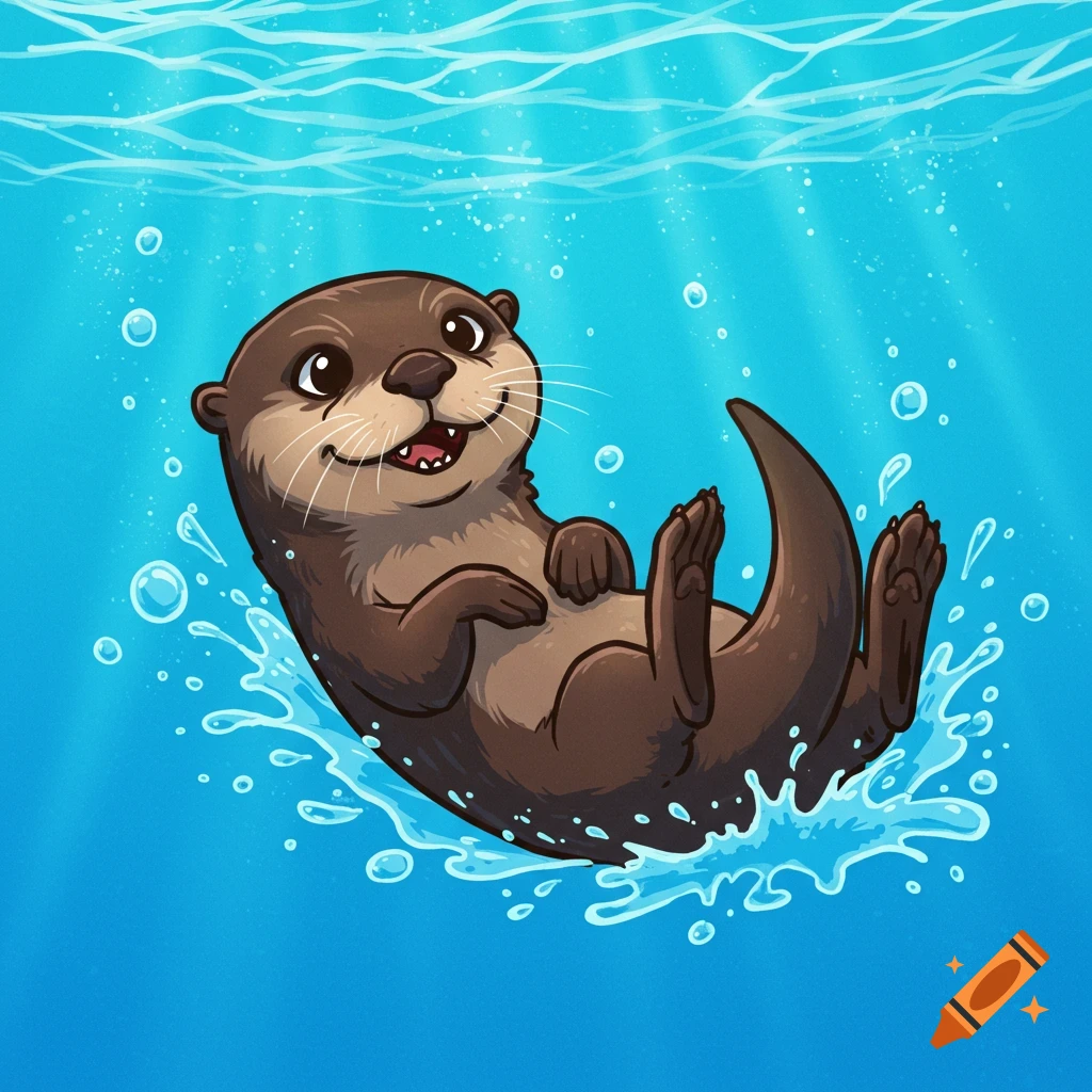 A cartoon otter floats on its back in blue water, smiling.