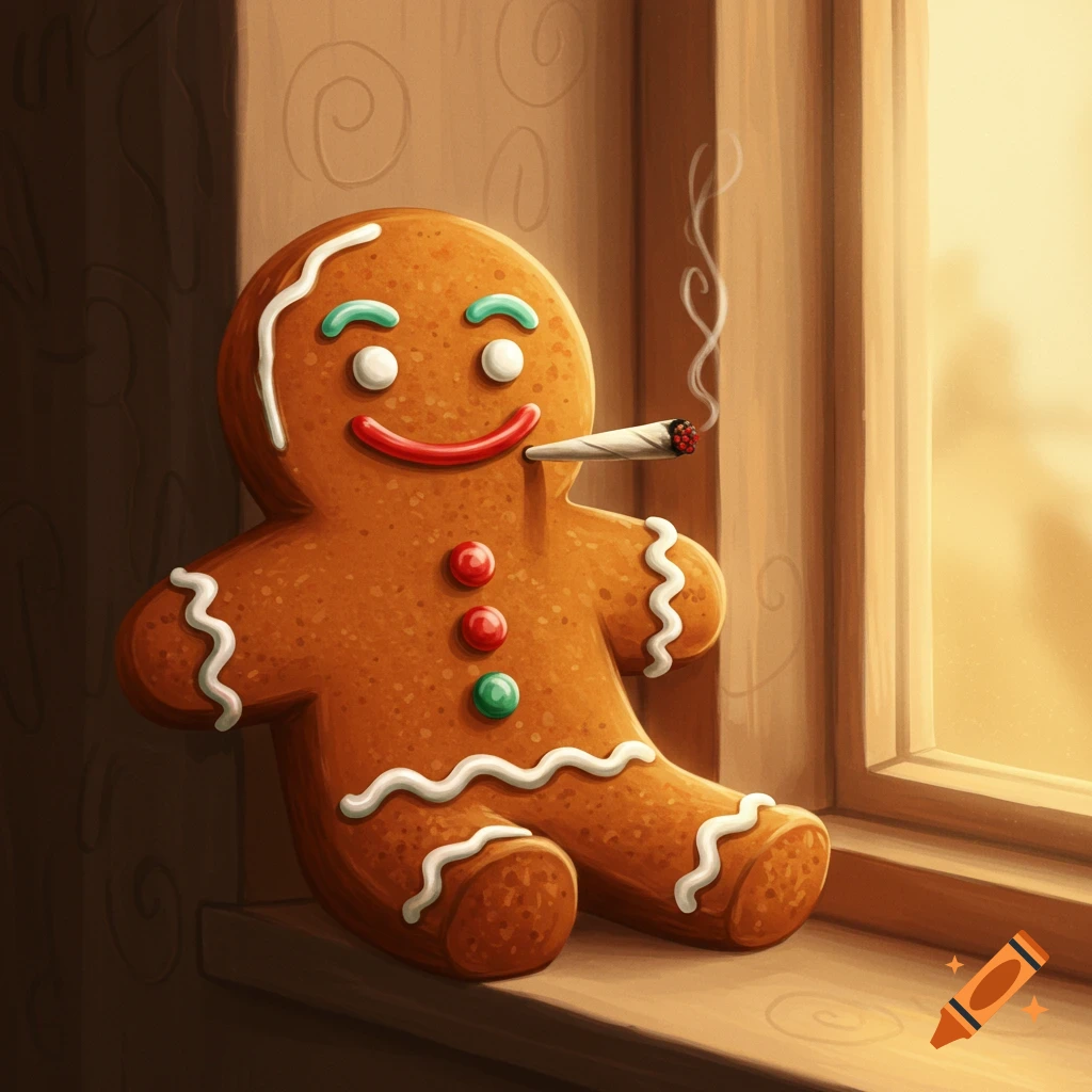 A gingerbread man sits on a windowsill, smoking a joint.