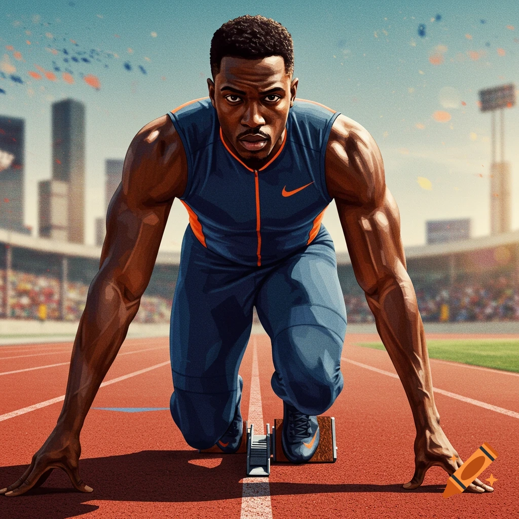 An athlete in starting blocks on a track in a stadium