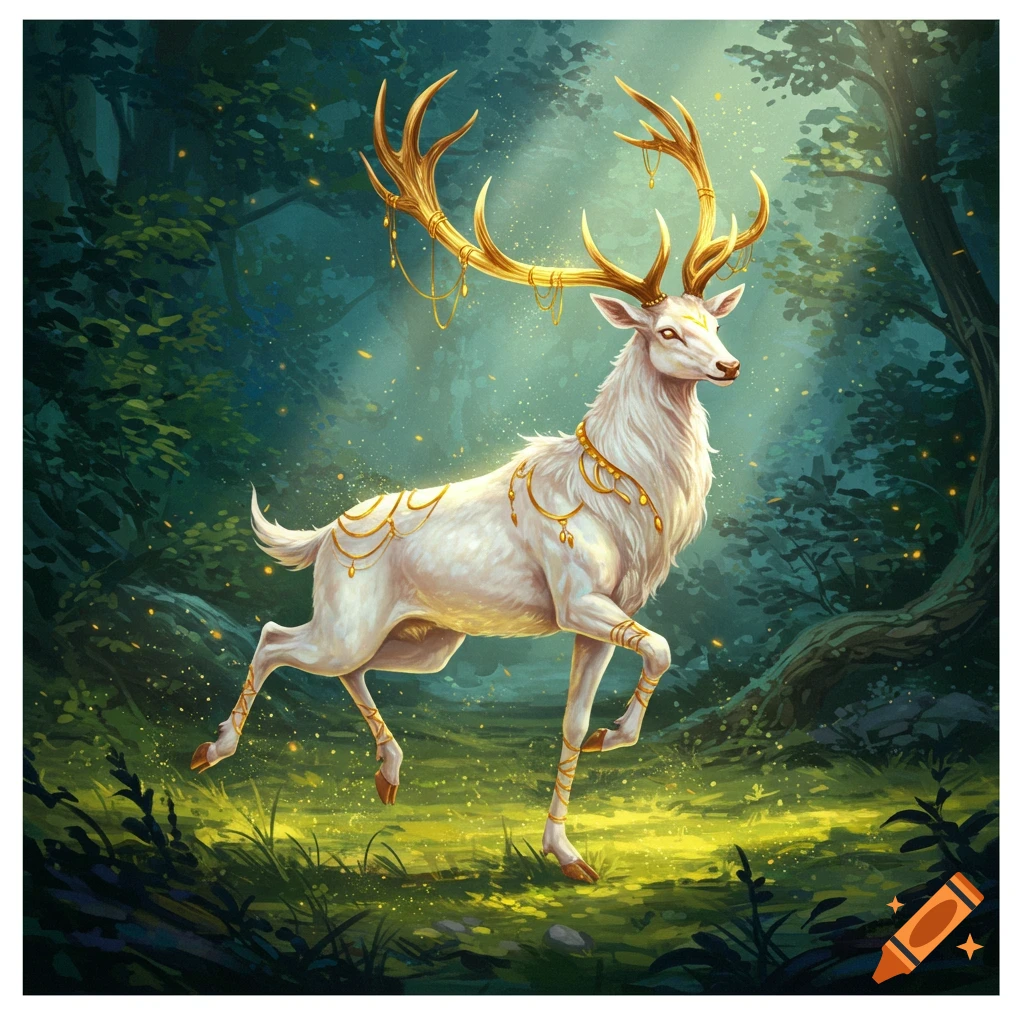 White fantasy stag with gold antlers and jewelry running in a forest, oil painting style.