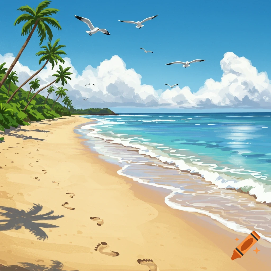 A tropical beach scene with footprints in the sand, palm trees, ocean waves, and seagulls.