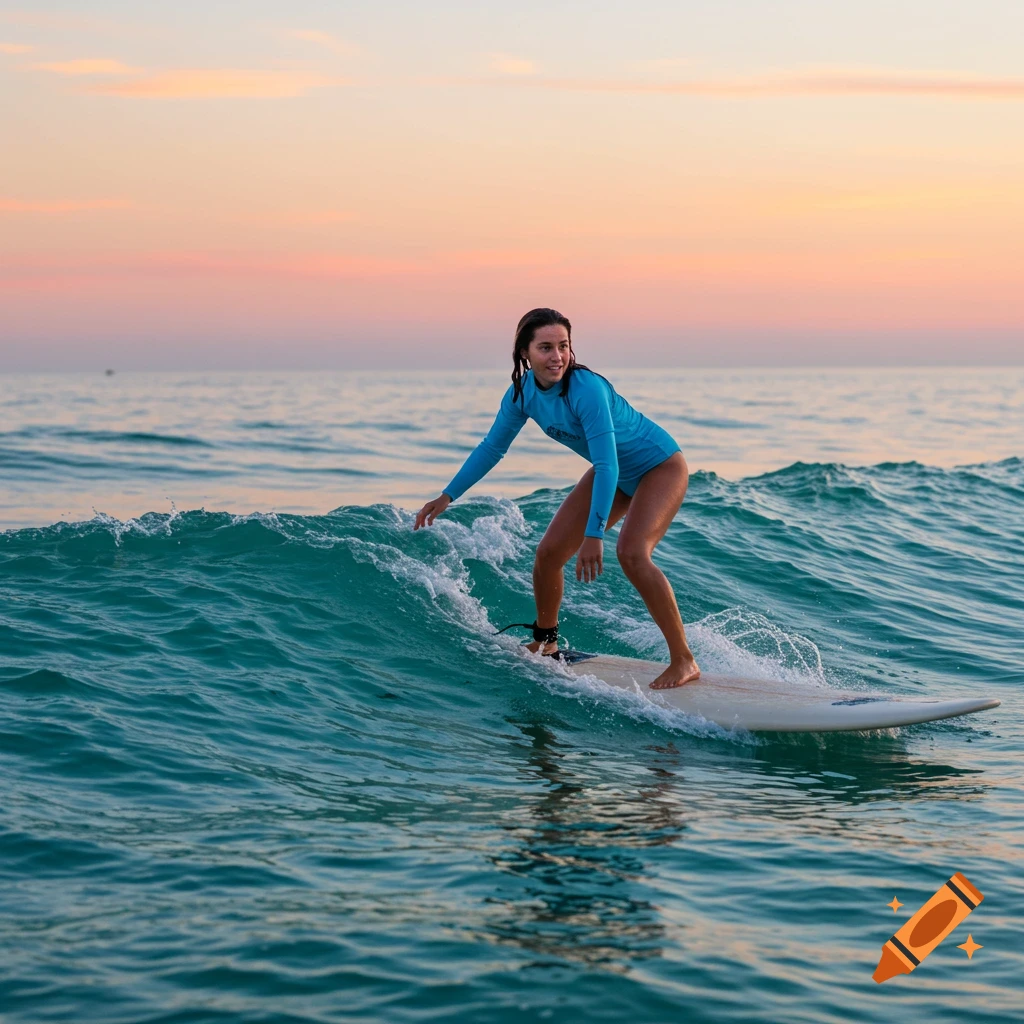 A woman in a blue rashguard surfing a wave at sunrise.