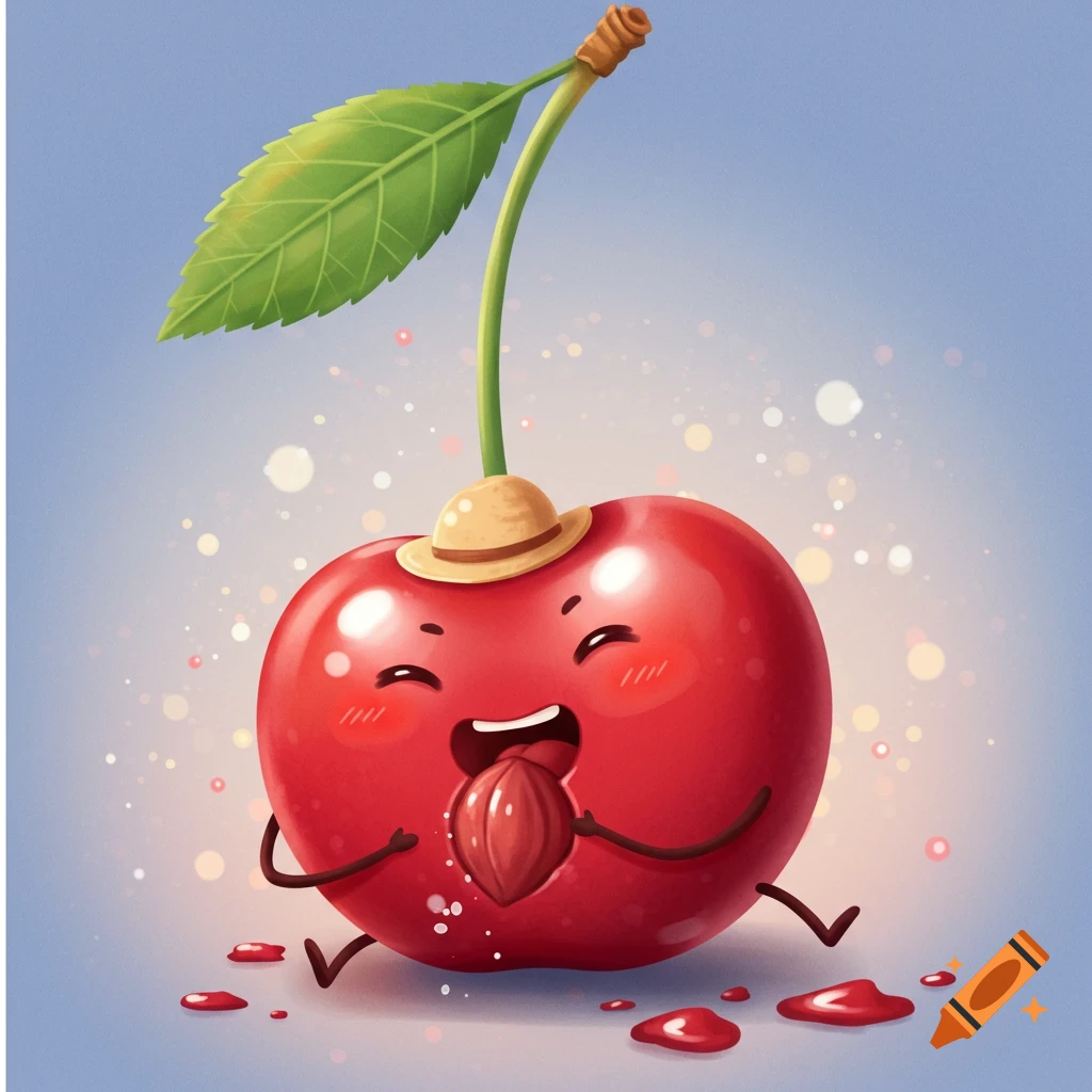 A cute cartoon cherry character wearing a hat and eating.