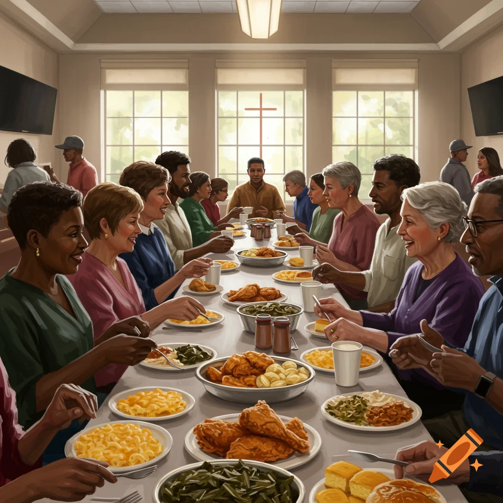 Diverse people eating a meal together at long tables in a church meeting room with a cross in the window.