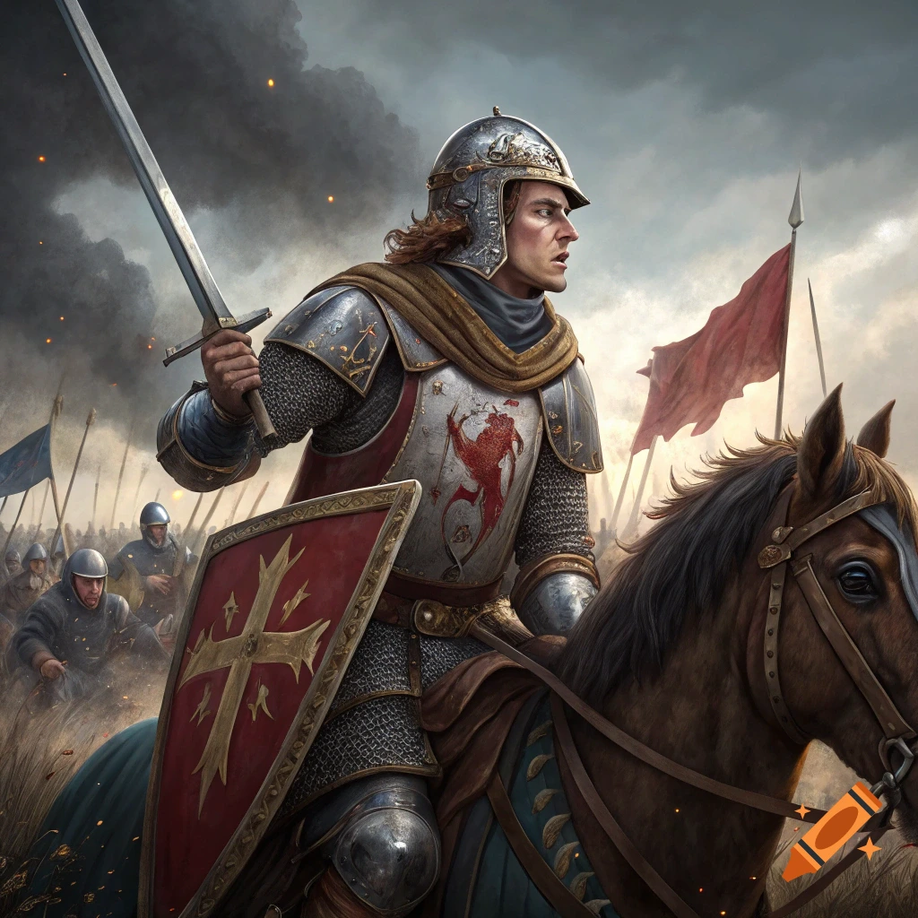 A knight in armor rides a horse in battle, holding a sword and shield with a cross symbol.